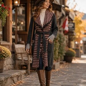 Lia Molly Belted Knit Cardigan Sweater Coat M Boho Longline Duster Boho Rustic